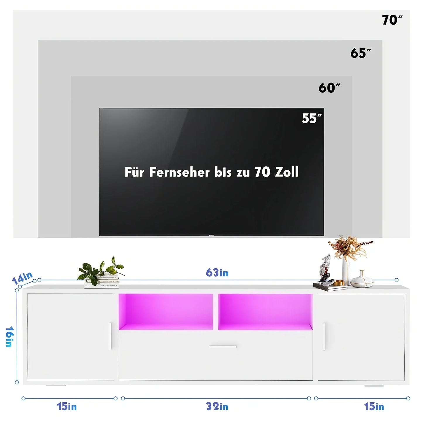 160cm Wide Modern White High-Gloss TV Stand Cabinet with RGB LED (16-Color RGB) & Shelves - Heavy-Duty TV Unit for 65-85