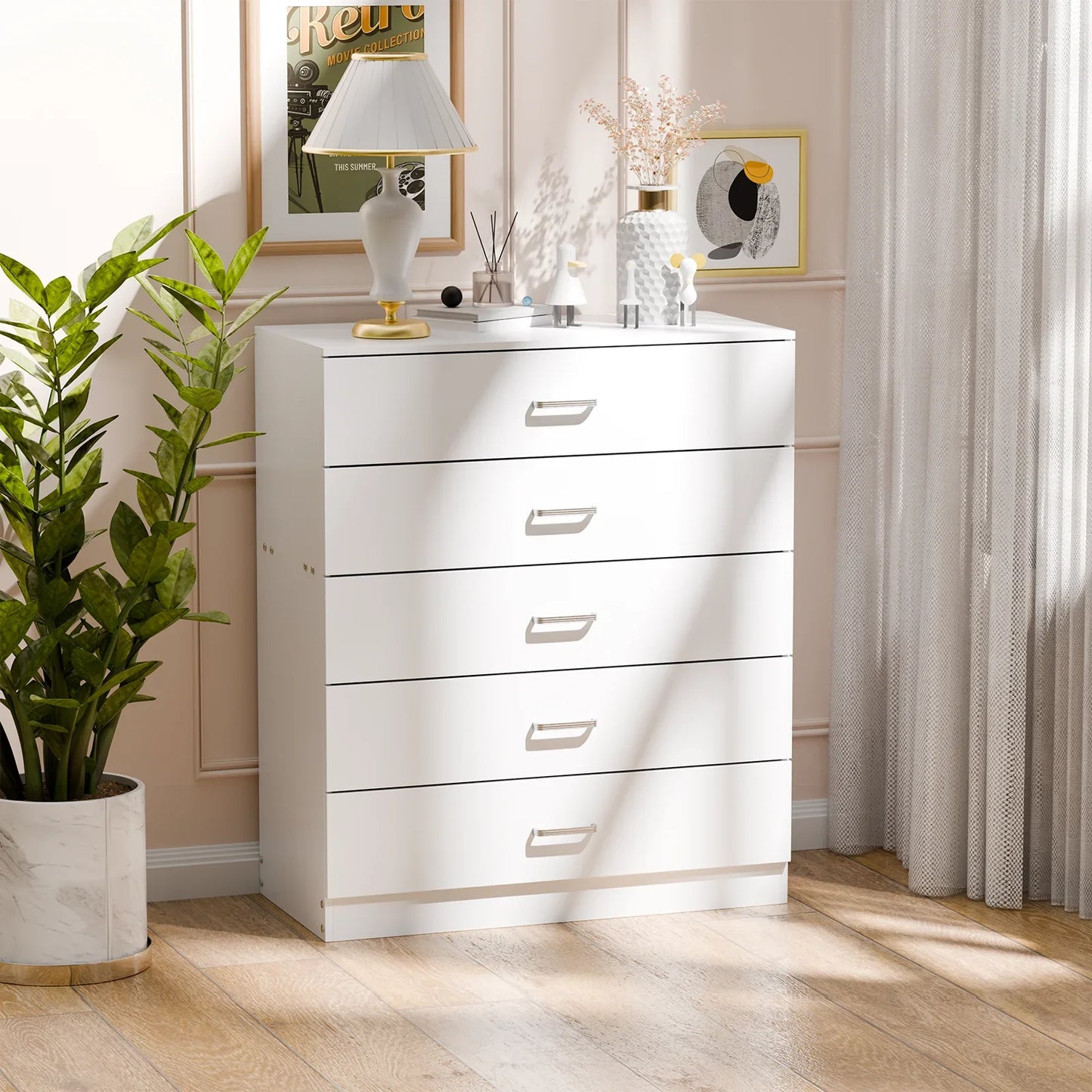 5 Drawer Chest White, Wood Storage Cabinet Dresser for Bedroom, Hallway, Closet Organizer, Modern Furniture (75x36x90cm)