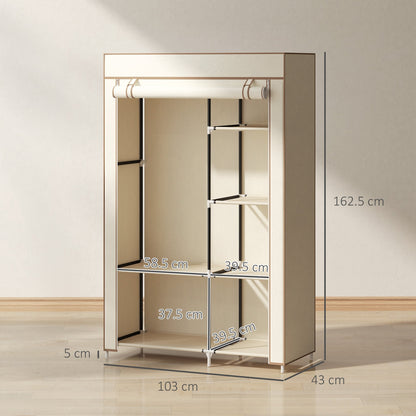 HOMCOM Fabric Wardrobe, Portable Wardrobe with 6 Shelves, 1 Hanging Rail, Foldable Closets, 103 x 43 x 162.5 cm, Cream White