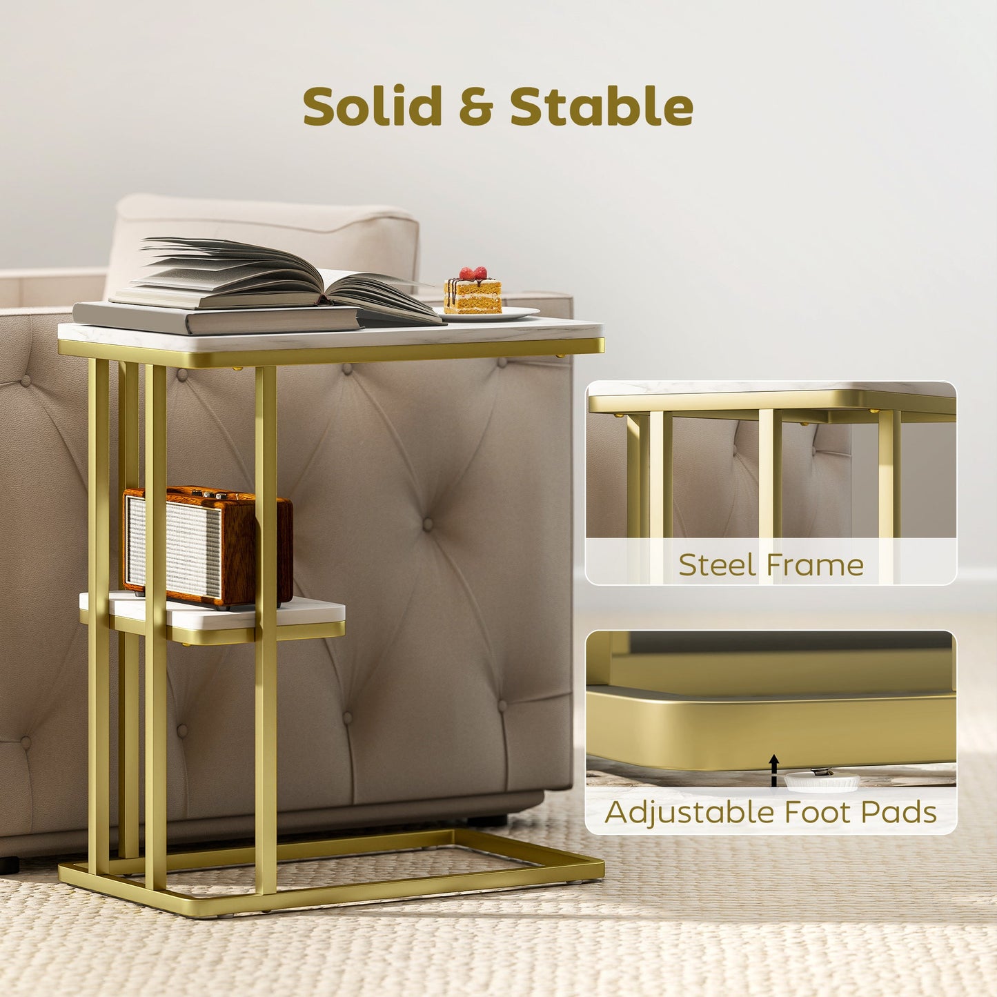 HOMCOM C-Shaped Narrow Side Table, 2-Tier Slim End Table, Nightstand for Small Spaces, Living Room, Bedroom, White Marble Grain