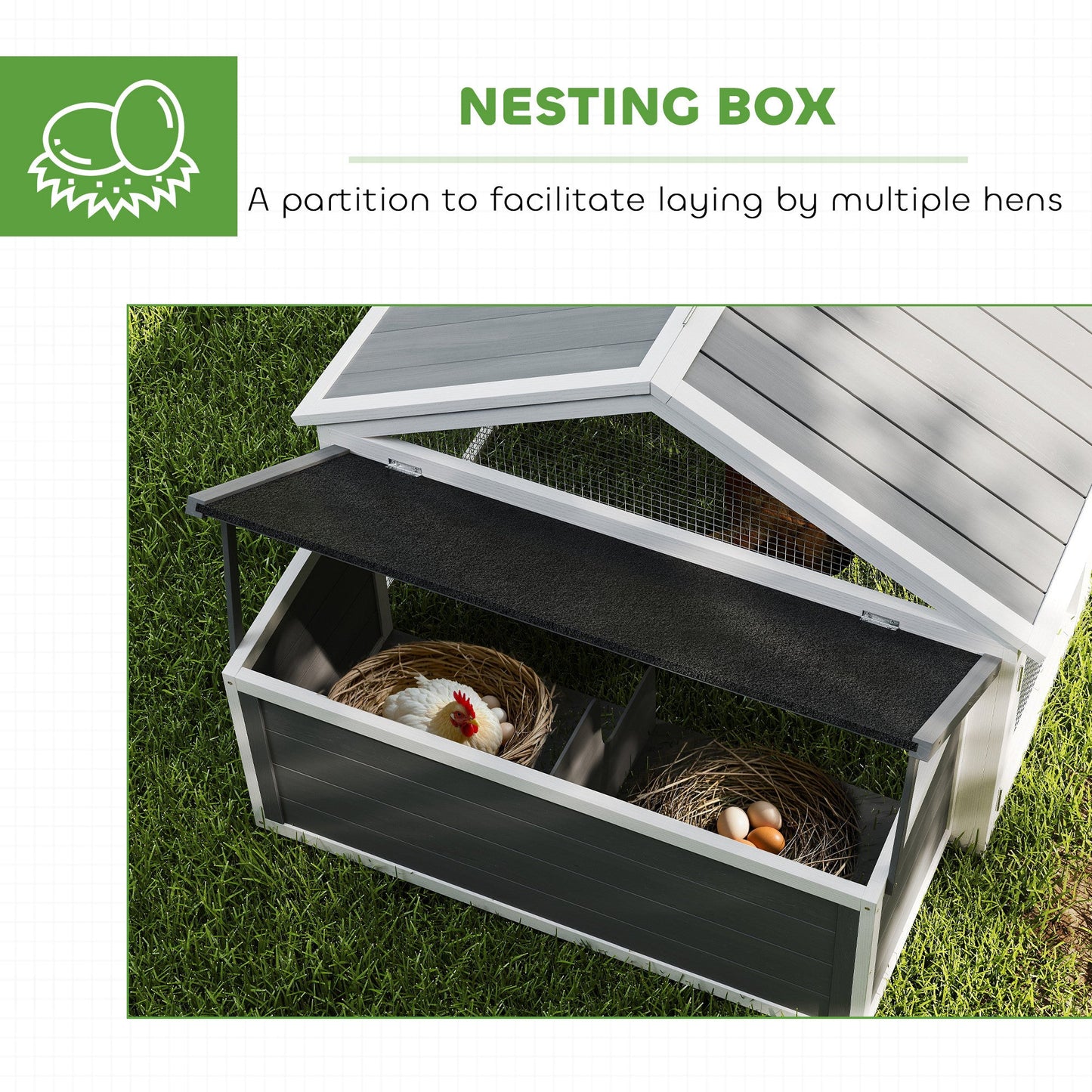 PawHut Wooden Chicken Coop with Nesting Box, Openable Roof, for 4-8 Chickens, White
