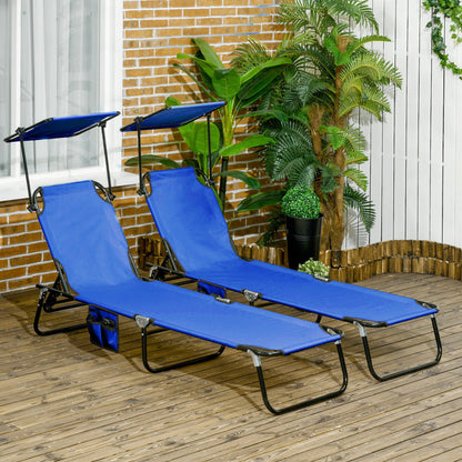 Outsunny 2 Piece Folding Sun Loungers with Canopy, Adjustable Recliner Garden Chairs with Side Pocket, Steel Frame and Breathable Mesh for Outdoor, Pool, Beach, Garden, Blue