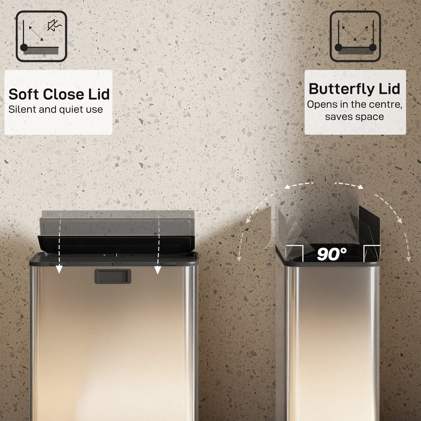HOMCOM Dual Kitchen Bin with Soft-Close Butterfly Lid, 2 x 28L Stainless Steel Pedal Bin with Removable Inner Buckets, Fingerprint-Proof for Recycling and Waste, Silver Tone