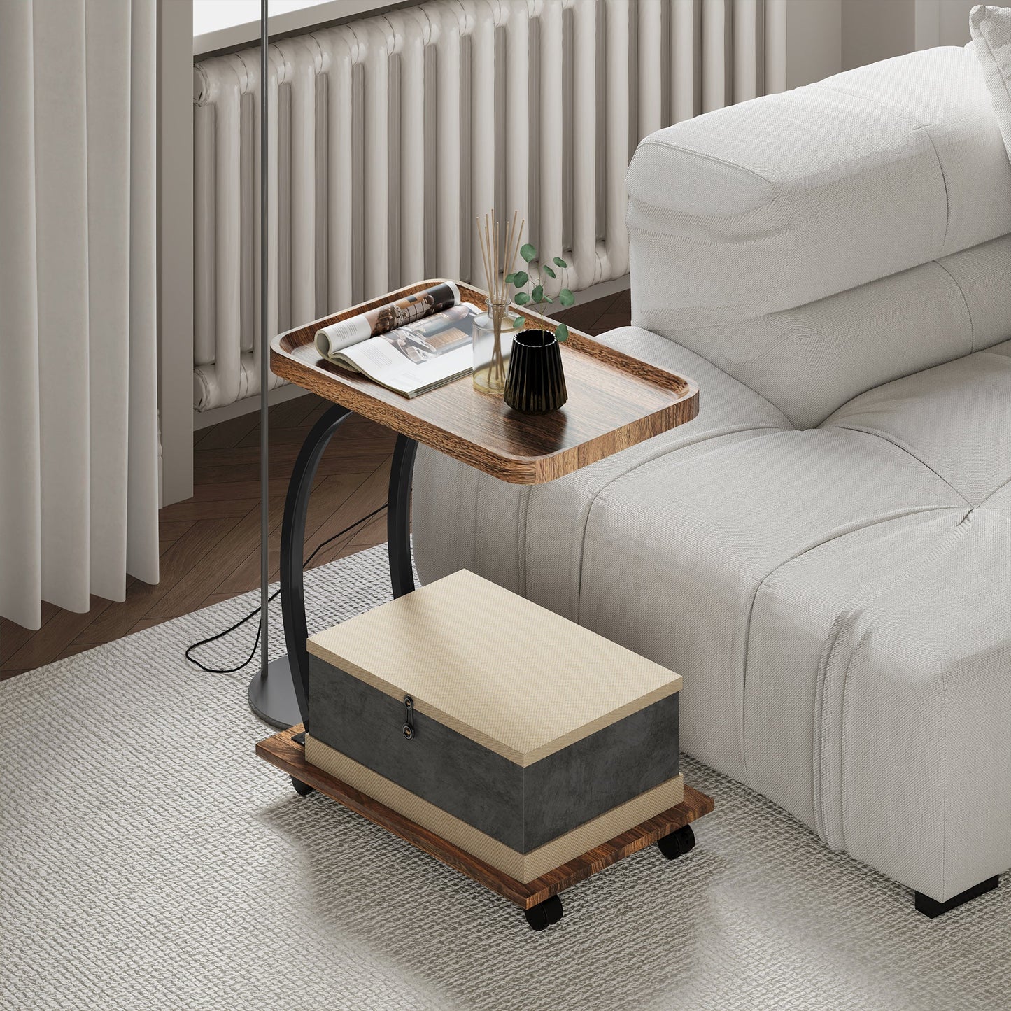 HOMCOM 2-Tier Mobile C-Shaped Side Table - Brown