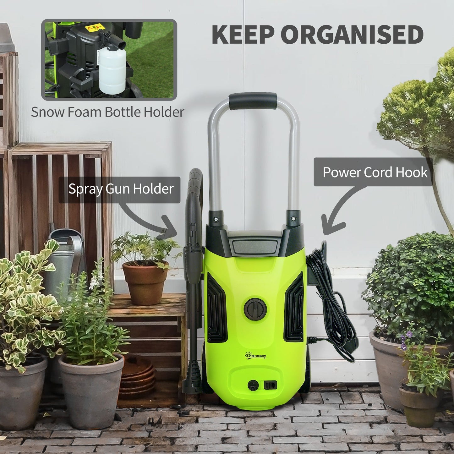 Outsunny 1800W High Pressure Washer, 150 Bar Pressure, 420 L/h Flow, Portable Electric Power Washer Jet Wash Cleaner with Adjustable Nozzle, 6M Hose, Steel Handle for Home Patio Car Driveway, Green