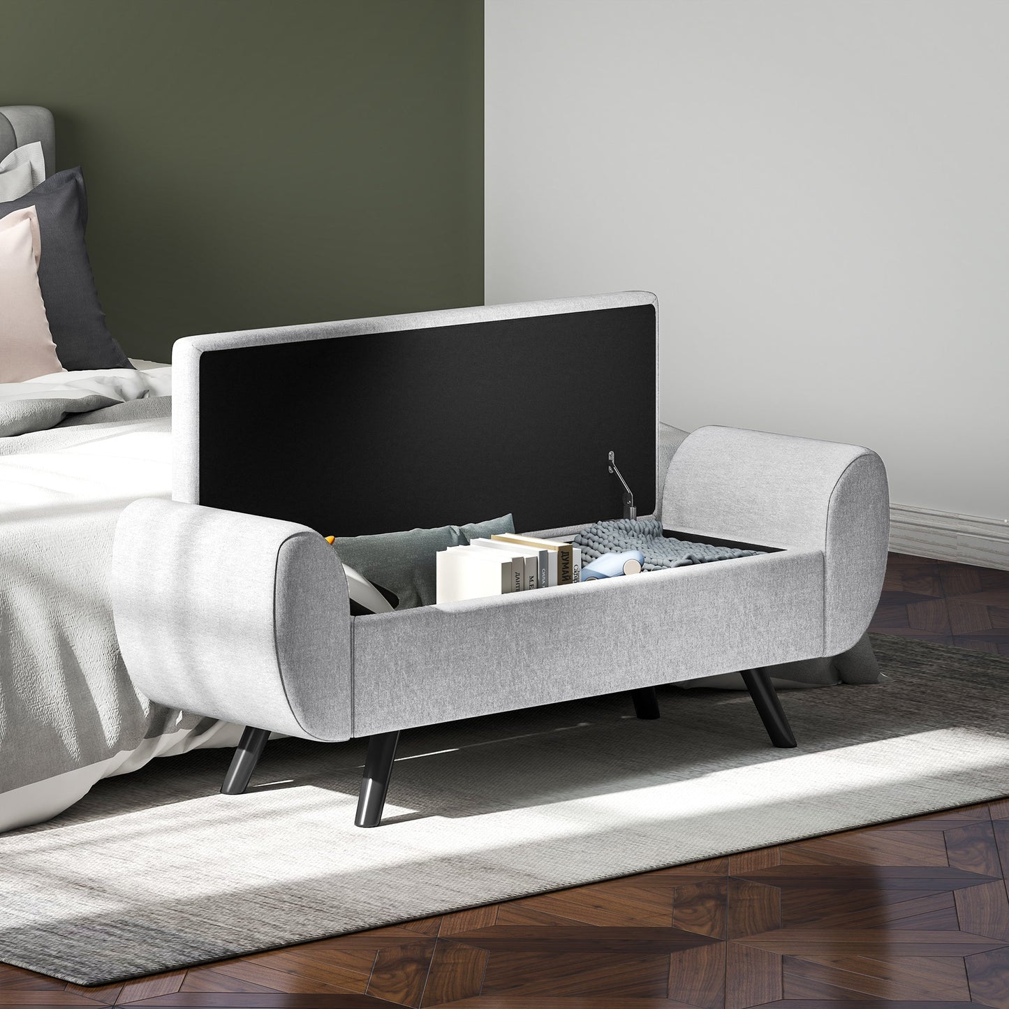 HOMCOM Storage Ottoman with Armrest, Upholstered Linen Storage Bench, Window Seat with Rubberwood Legs, Footstool for Bedroom Living Room, Hallway, Light Grey