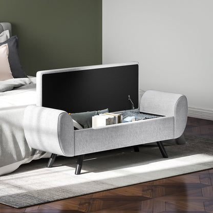 HOMCOM Storage Ottoman with Armrest, Upholstered Linen Storage Bench, Window Seat with Rubberwood Legs, Footstool for Bedroom Living Room, Hallway, Light Grey