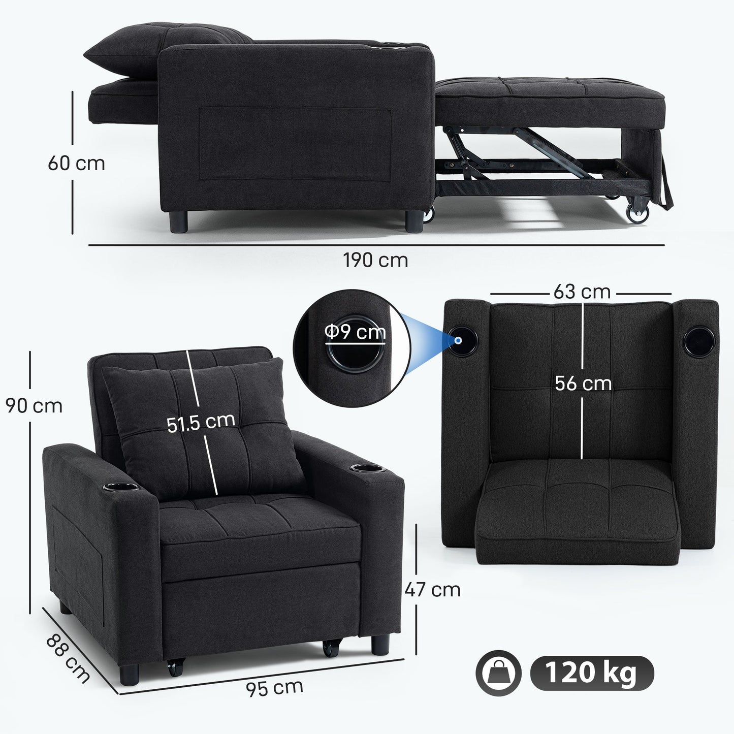 HOMCOM 3-in-1 Single Sofa Bed, Convertible Sleeper Chair Bed - Black