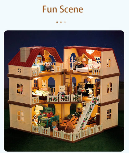 Family Dollhouse Furniture Playset Cabin Doll House DIY Cottage Pretend Play Kitchen Dollhouses Rabbit Dolls Birthdays Gifts
