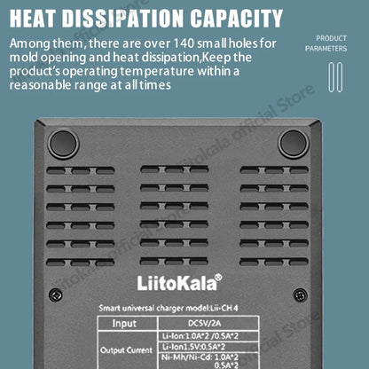 LiitoKala Lii-CH4 Smart Charger for 18650/21700/26650/AA/AAA/Ni-MH/Li-ion,1.2V/1.5V 4-Slot Fast Charge, USB-C, Auto Detect