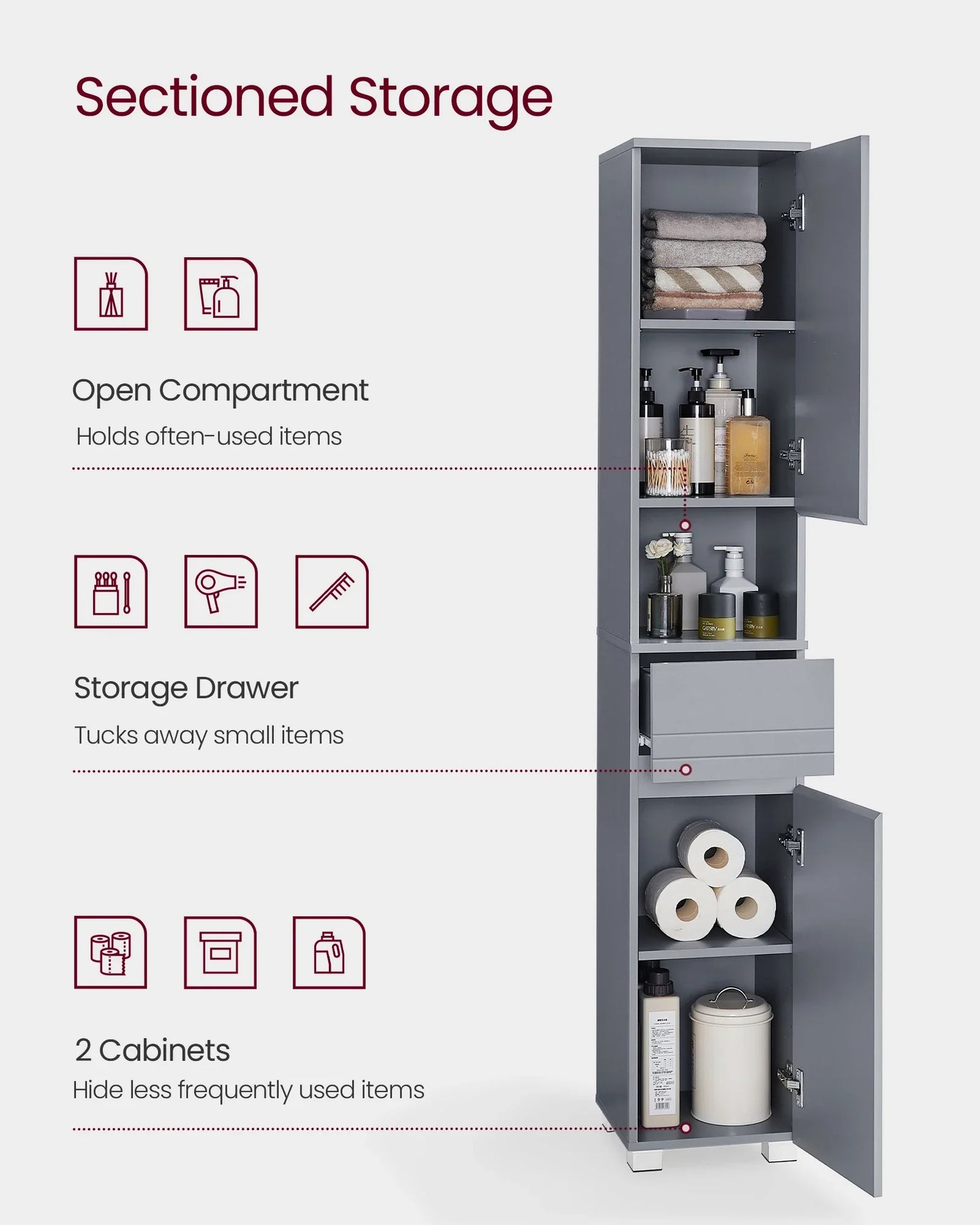 VASAGLE Tall Bathroom Cabinet, Slim Storage Cabinet, Narrow Cupboard, Grey