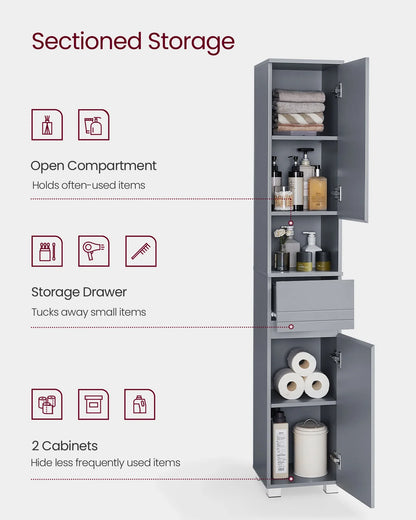 VASAGLE Tall Bathroom Cabinet, Slim Storage Cabinet, Narrow Cupboard, Grey
