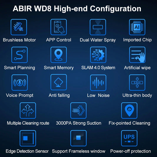 Robot Window cleaner ABIR WD8,Dual Water Spray,Smart Memory,High Vacuum Suction, Laser Sensor, Home Wall Glass Cleaning Robot