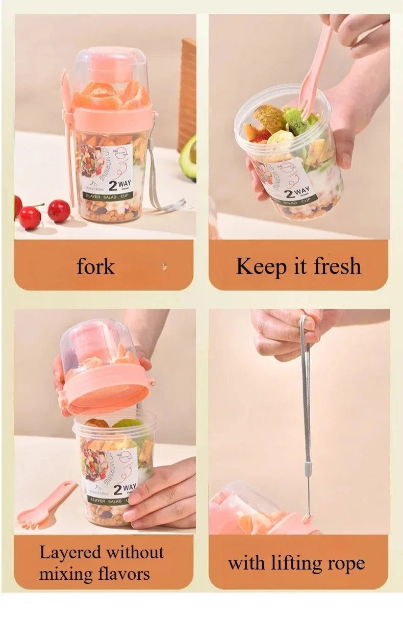 Portable Salad Cup Breakfast Cup Food Stratification Yogurt Cereal Oatmeal Snacks Parfait Containers Fruit Box Cup With Lid Fork