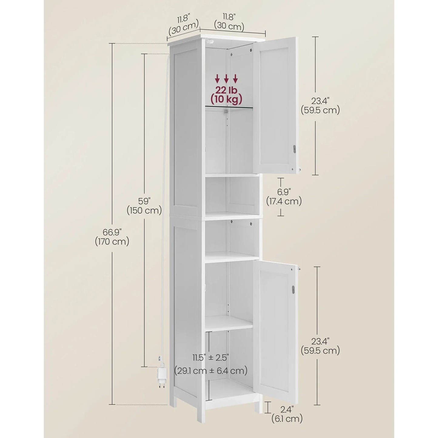 VASAGLE Tall Bathroom Cabinet with Lights, Freestanding Narrow Storage Unit with Adjustable Shelves, Open Compartments