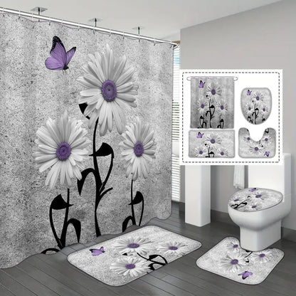 4-piece set of blue white jade orchid waterproof printed shower curtains with 12 hooks, bathroom floor mats