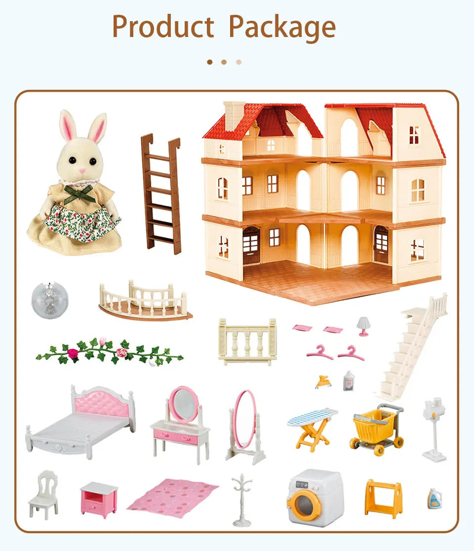 Family Dollhouse Furniture Playset Cabin Doll House DIY Cottage Pretend Play Kitchen Dollhouses Rabbit Dolls Birthdays Gifts