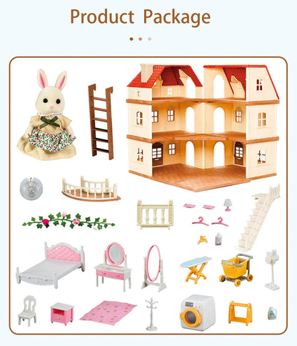 Family Dollhouse Furniture Playset Cabin Doll House DIY Cottage Pretend Play Kitchen Dollhouses Rabbit Dolls Birthdays Gifts