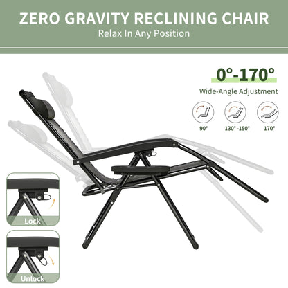 Zero Gravity Reclining Chair Set of 2 – Folding Outdoor & Garden Chairs with Textilene Fabric, Cup Holder and Headrest Pillow
