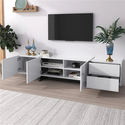 190x45x35cm High-Gloss White & Black TV Stand, Low Cabinet with Doors (Built-in Shelves) & Drawers, Contrast Black Legs Minimali