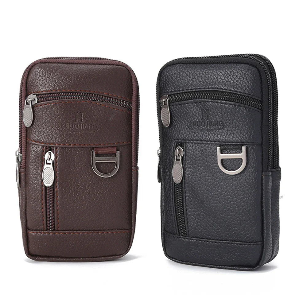 Men Waist Bag Mobile Phone Bag Outdoor PU Leather Wearable Belt Sports Waterproof Small Hanging Bag Business Leisure Coin Purse