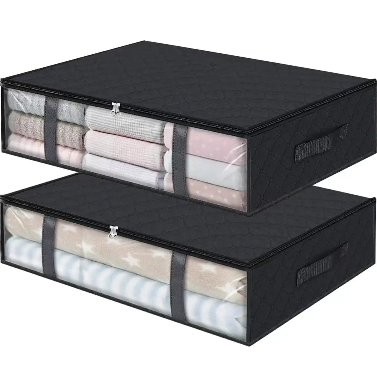 2pcs Large Under Bed Storage Bags Non-woven Clothes Organizer Clear Window Reinforced Handles for Comforters Blankets Bedding