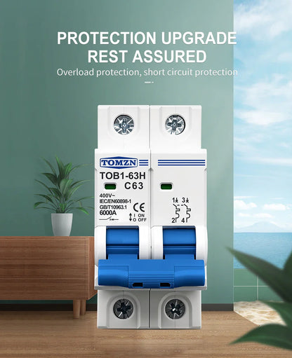 TOMZN 2P AC MCB TOB1-63 C Type 230/400V~ 50Hz/60Hz Mini Circuit Breaker 6A 10A 16A 20A 25A 32A 40A 50A 63A
