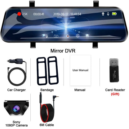 E-ACE 2.5K Mirror Camera For Car Touch Screen Video Recorder Rearview Mirror Dashcam 1440P GPS Wifi 24H Parking DVR Black Box