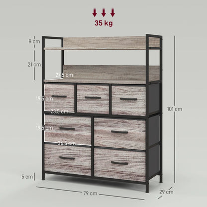 HOMCOM Bedroom Chest of Drawers 7 Drawer Dresser w/ Shelves, Grey Wood Effect