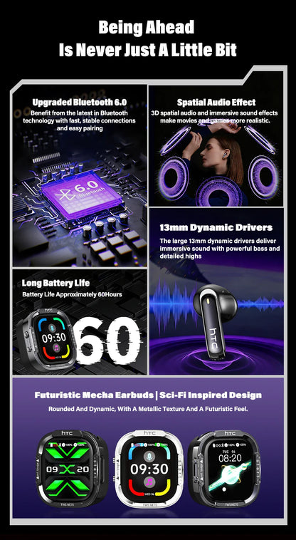 HTC NE70 Bluetooth V6.0 Headphones Smart Touchscreen Wireless Earphones AI Translator Earbuds Gaming Earbuds HD Bass