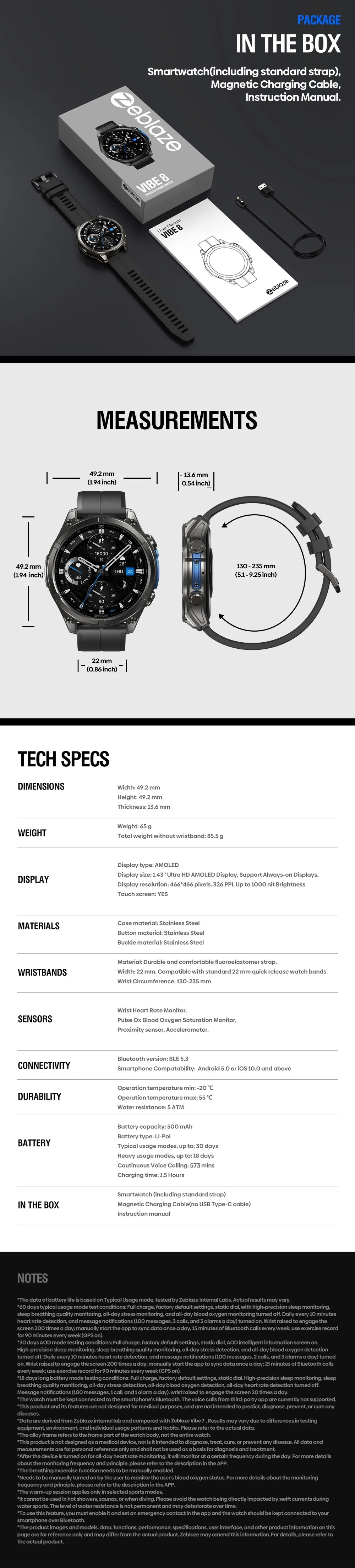 NEW 2025 Zeblaze VIBE 8 Voice Calling 1.43" AMOLED Display Smart Watch Built-in Flashlight Heart Rate Blood Pressure Smart Watch