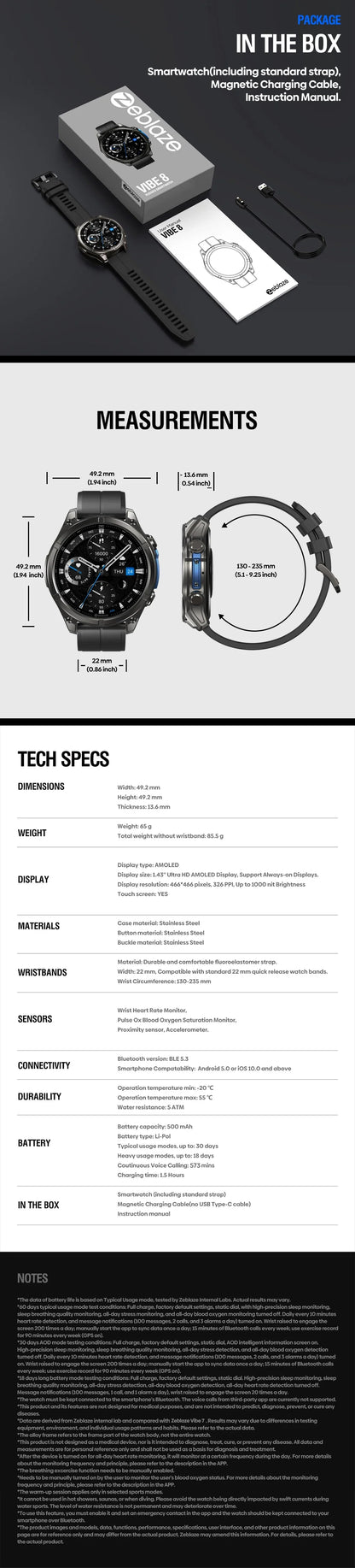 NEW 2025 Zeblaze VIBE 8 Voice Calling 1.43" AMOLED Display Smart Watch Built-in Flashlight Heart Rate Blood Pressure Smart Watch