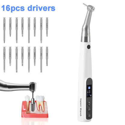 AZDENT Dental Implant Motor Electric Wireless Torque Driver Implant Torque Wrench with 16pcs Screwdrivers Contra Angle Motor