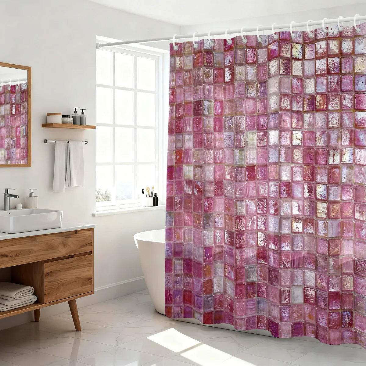 1pc pink ice block imitation simple printing waterproof partition privacy hanging curtain with 12 hooks, multiple sizes