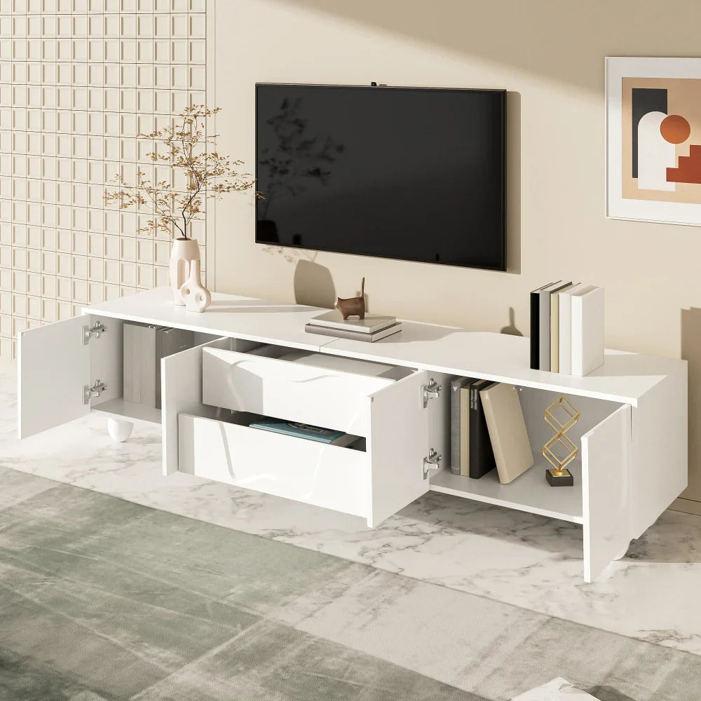 180cm Modern TV Stand for TVs up to 65 inches, Storage TV Cabinet with Solid Wood Legs, Black PB Board Entertainment Center for