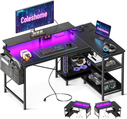 Coleshome L Shaped Gaming Desk with LED Lights, 120 × 80 cm Computer Desk with Power Outlet,  Black