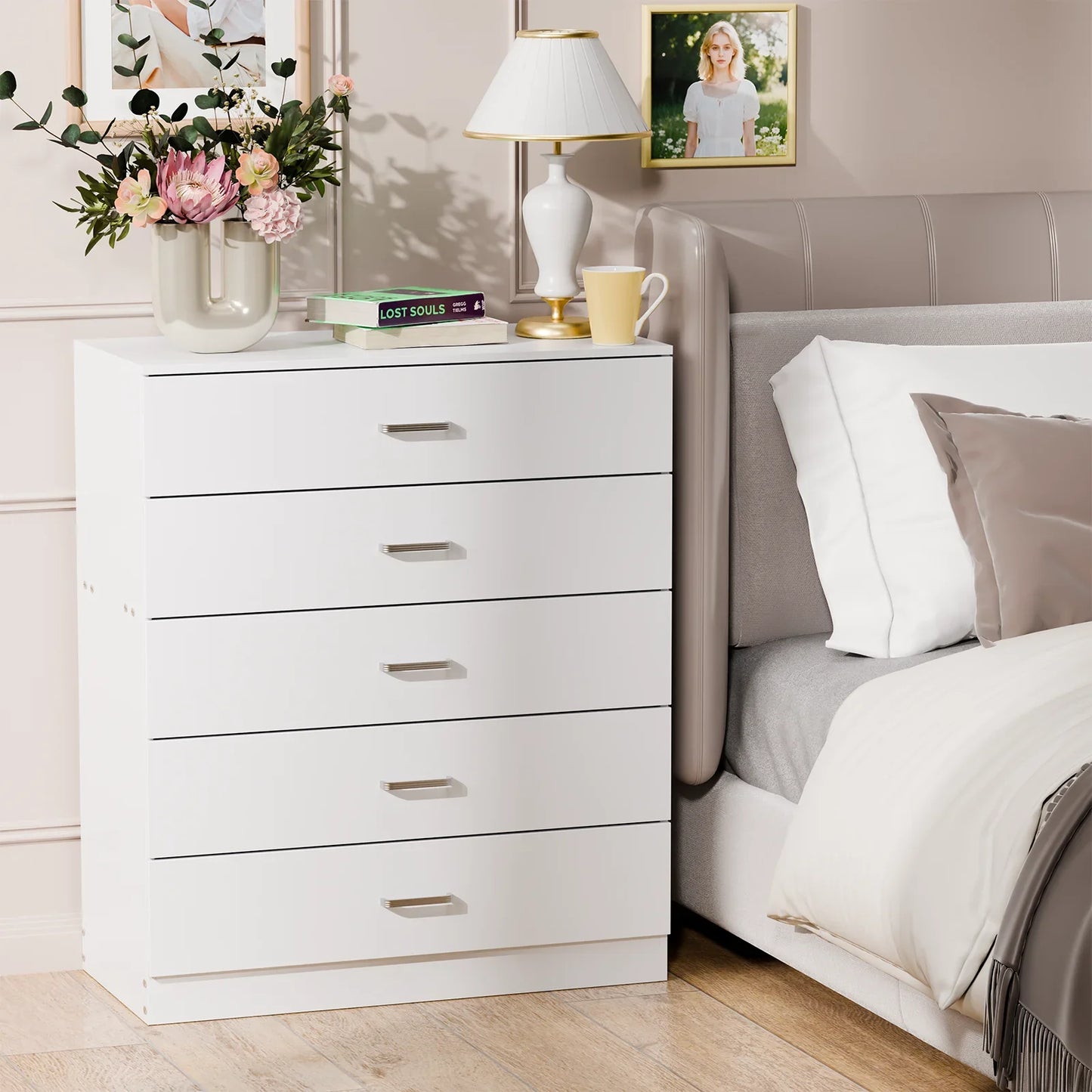 5 Drawer Chest White, Wood Storage Cabinet Dresser for Bedroom, Hallway, Closet Organizer, Modern Furniture (75x36x90cm)