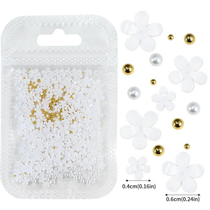 1box 3D Flower Bow Nail Art Decorations Kit Pink/White Acrylic Floral/Peal Beads Nail Charm with Wax Pen/Tweezer 4/6mm Nail Part