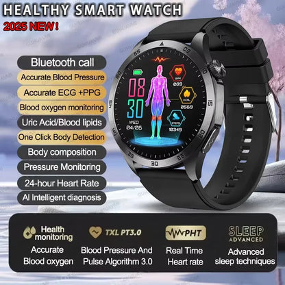 For iOS Android New Health Measurement SmartWatch Men Blood Oxygen Uric Acid ECG+PPG Body Blood Pressure HD Bluetooth Call Watch