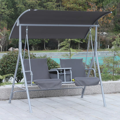 Outsunny 2 Seater Garden Swing Chair Patio Rocking Bench W/ Tilting Canopy, Double Padded Seats, Storage Bag and Tray, Grey