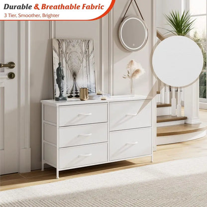 5 Drawer Bedroom Chest with Storage, Wooden Top, Steel Handles, White, 30 x 100 x 61