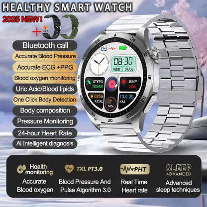 For iOS Android New Health Measurement SmartWatch Men Blood Oxygen Uric Acid ECG+PPG Body Blood Pressure HD Bluetooth Call Watch