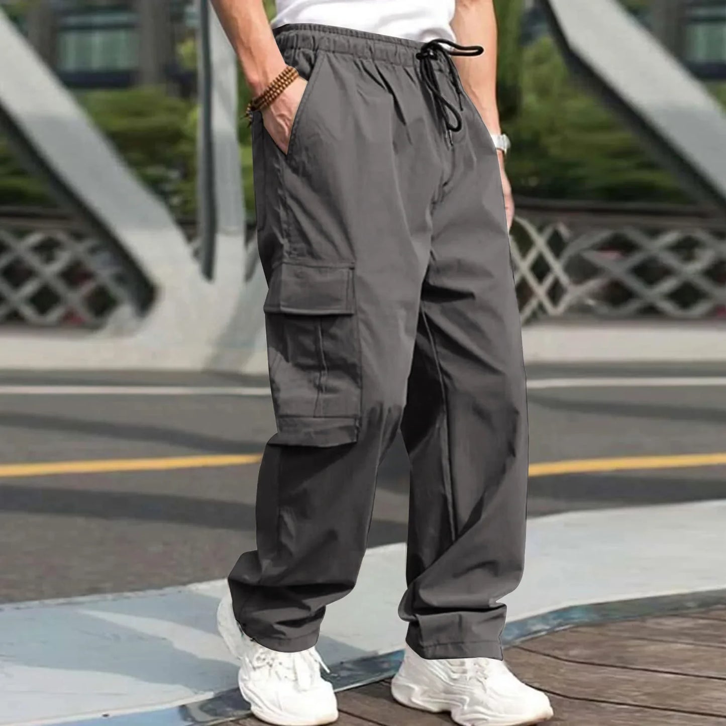 Men Loose Cargo Pants Summer Male High Elastic Waist Zip Pocket Straight Full Trousers BFDZ-A717
