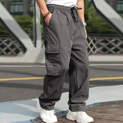 Men Loose Cargo Pants Summer Male High Elastic Waist Zip Pocket Straight Full Trousers BFDZ-A717
