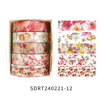 5 rolls of boxed romantic flower handbook tape, cute DIY fresh decorative washi tape for students, a must-have gift for students