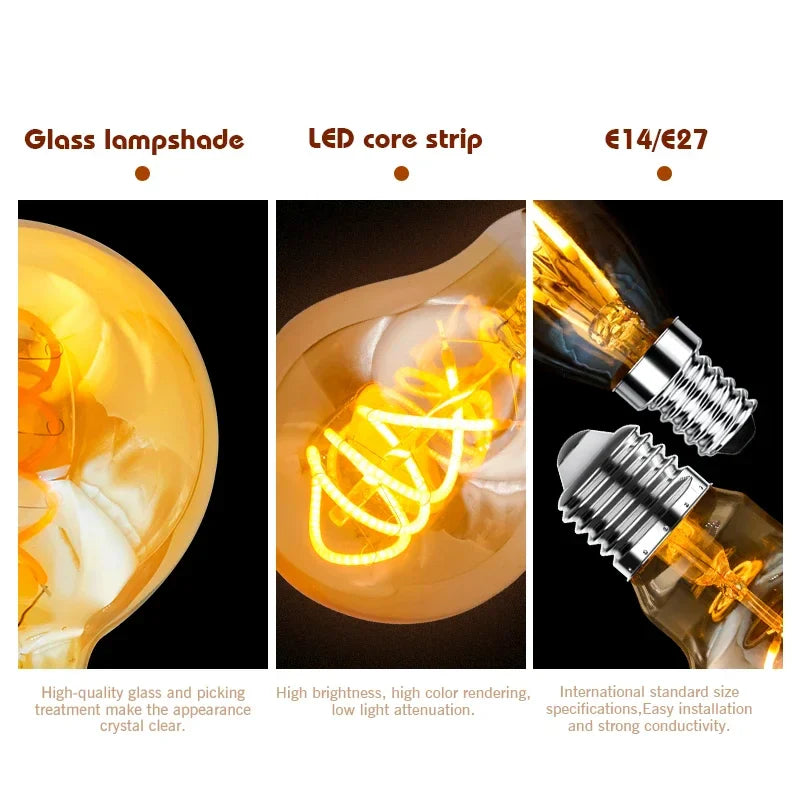 1-10pcs E27 E14 Retro Edison LED Filament Bulb AC 220V Spiral Light C35 G45 A60 ST64 G80 G95 G125 Glass Bulb Retro Candle Lamp