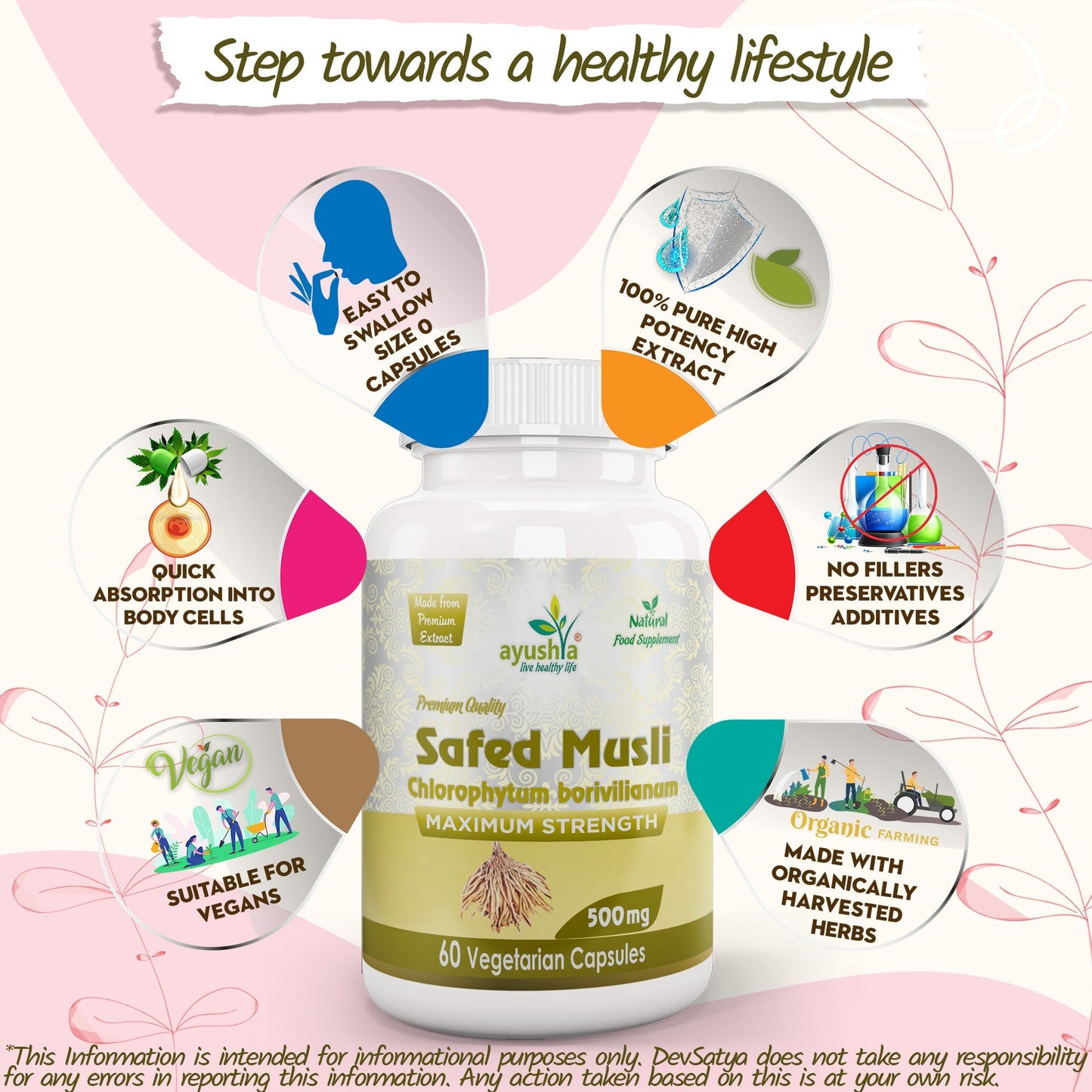 Ayushya Safed Musli Capsules (Chlorophytum Borivilianum) Strength & Stamina Support - Vegan, Gluten Free, Non-GMO, 60 Capsules