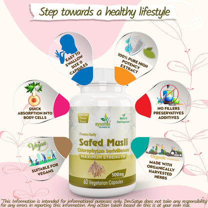 Ayushya Safed Musli Capsules (Chlorophytum Borivilianum) Strength & Stamina Support - Vegan, Gluten Free, Non-GMO, 60 Capsules