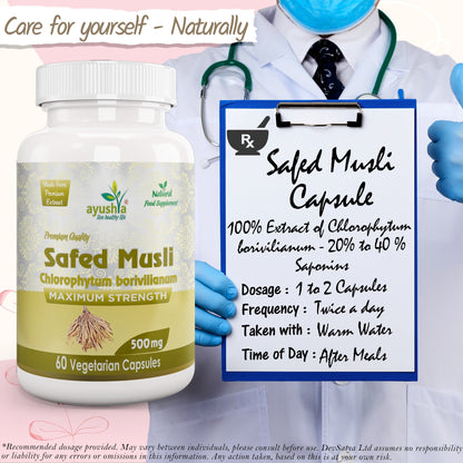 Ayushya Safed Musli Capsules (Chlorophytum Borivilianum) Strength & Stamina Support - Vegan, Gluten Free, Non-GMO, 60 Capsules