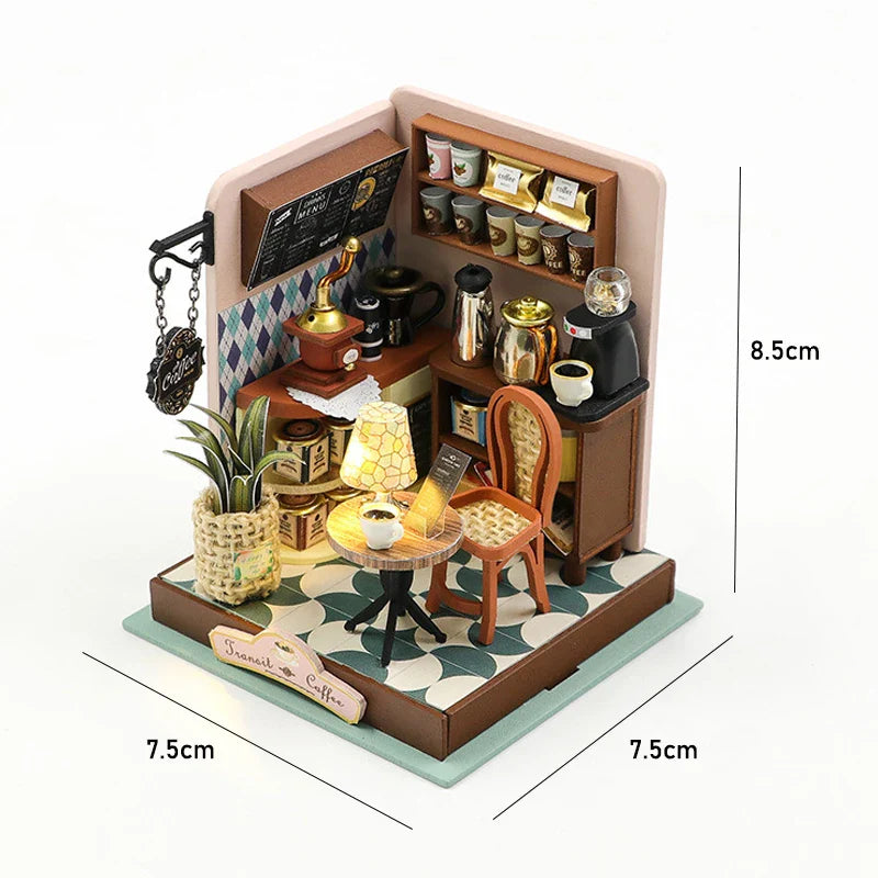 3D Puzzles Wooden Coffee Shop Mini Dollhouse Kit DIY Handmade Assembly Building Dollhouses Toys For Kids Birthday Gifts